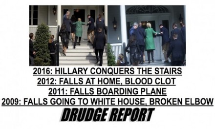 Drudge posts photo of Hillary unable to ascend stairs on her own; media goes into denial