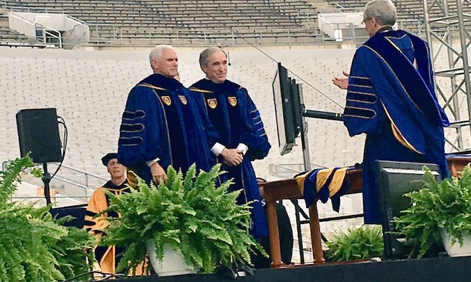 Pence tells Notre Dame grads to rely on ‘integrity and values’ as dozens of snowflakes walk out