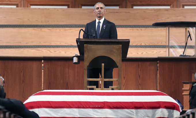 Obama blatantly political as he stands over John Lewis’ coffin